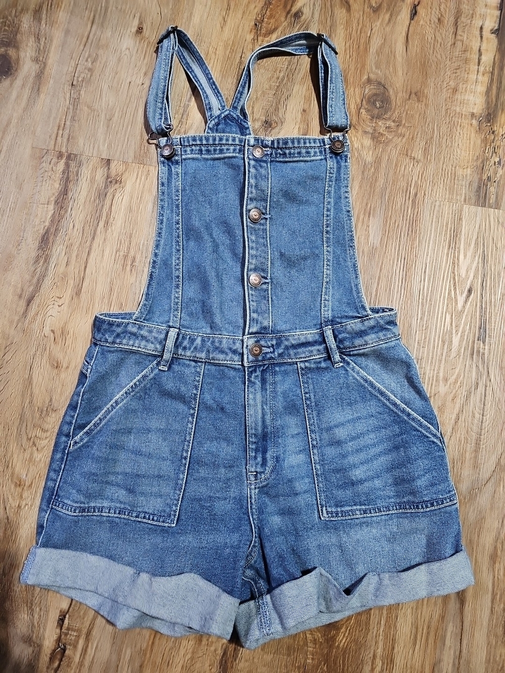 Hollister Denim Shortalls Y2K Womens M Blue Cuffed Bib Overall Shorts Festival
